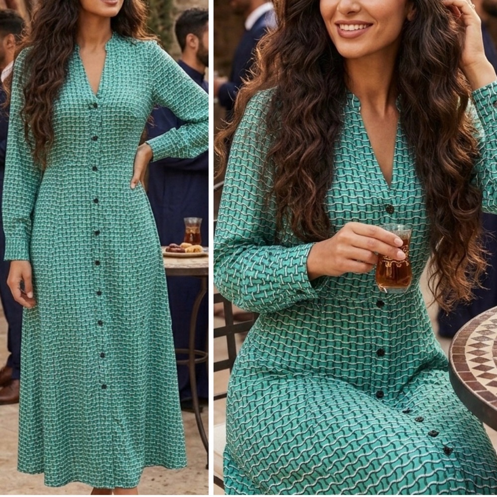 CEFINN teal-patterned midi dress size 2